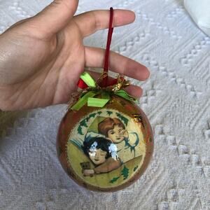 Vintage 1980s 90s Decoupage Foam Ball Ornament Gold Foil Children 3.5"‎